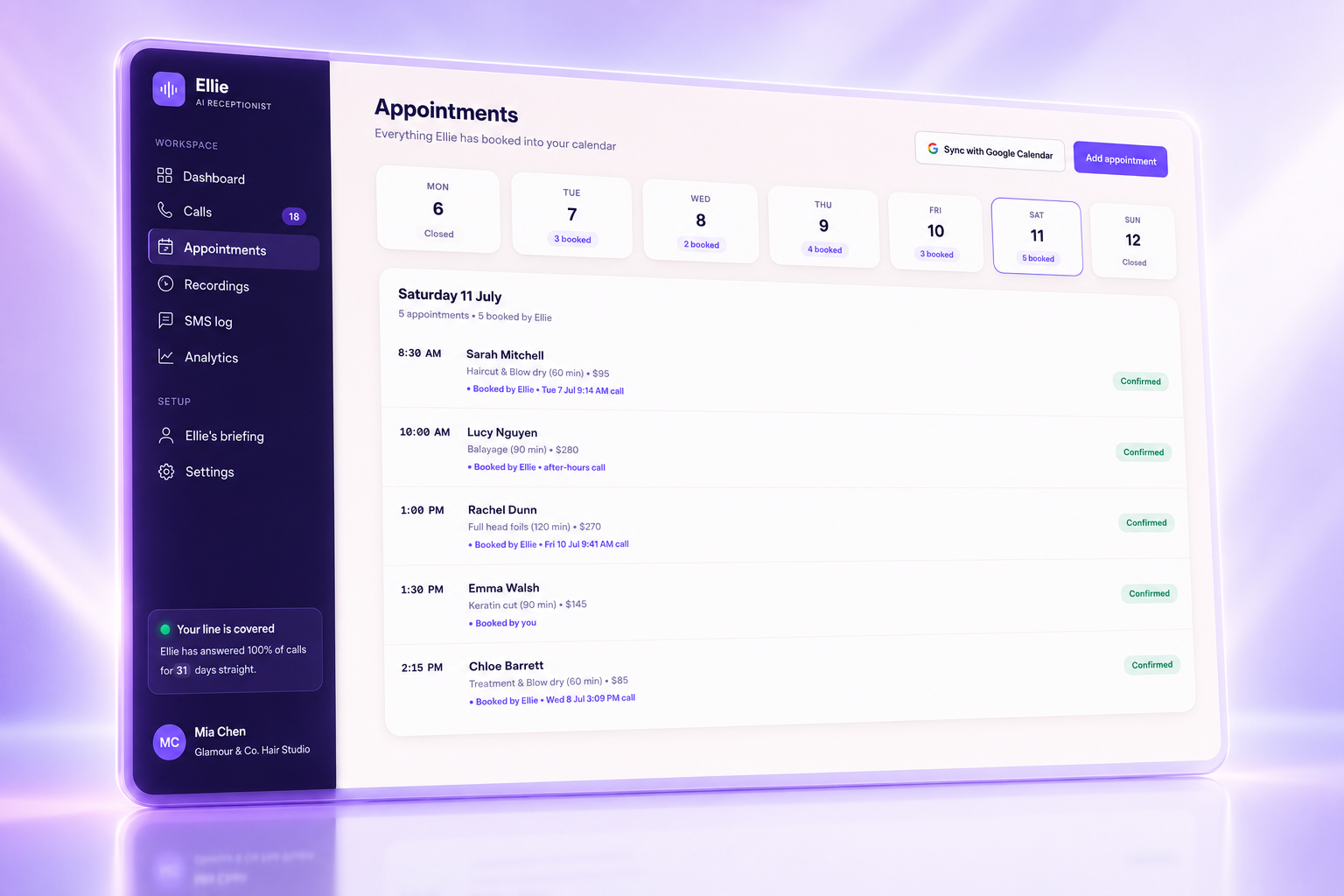 Ellie appointments view — everything Ellie has booked into the calendar this week